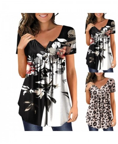 Women Fashion V Neck Button Pleated Tunic Tops Vntiage Print Loose Casual T Shirt Top 2023 Summer Tees Swing Ladies Blouse $3...