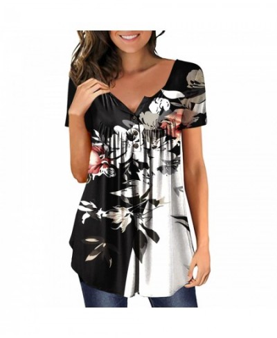 Women Fashion V Neck Button Pleated Tunic Tops Vntiage Print Loose Casual T Shirt Top 2023 Summer Tees Swing Ladies Blouse $3...