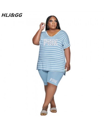 Casual Striped Loose Plus Size Two Piece Sets Women PINK Letter Print V-Neck Tshirt + Shorts Fashion 2pcs Streetwear 2022 $40...