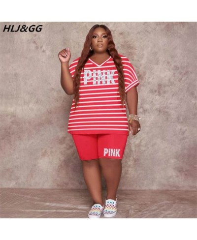 Casual Striped Loose Plus Size Two Piece Sets Women PINK Letter Print V-Neck Tshirt + Shorts Fashion 2pcs Streetwear 2022 $40...