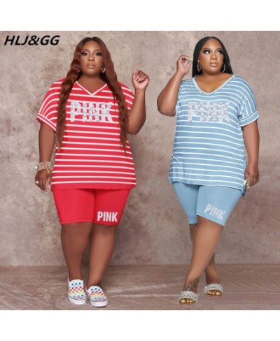 Casual Striped Loose Plus Size Two Piece Sets Women PINK Letter Print V-Neck Tshirt + Shorts Fashion 2pcs Streetwear 2022 $40...