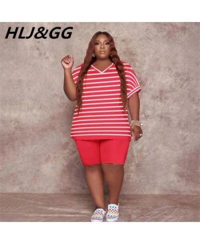 Casual Striped Loose Plus Size Two Piece Sets Women PINK Letter Print V-Neck Tshirt + Shorts Fashion 2pcs Streetwear 2022 $40...