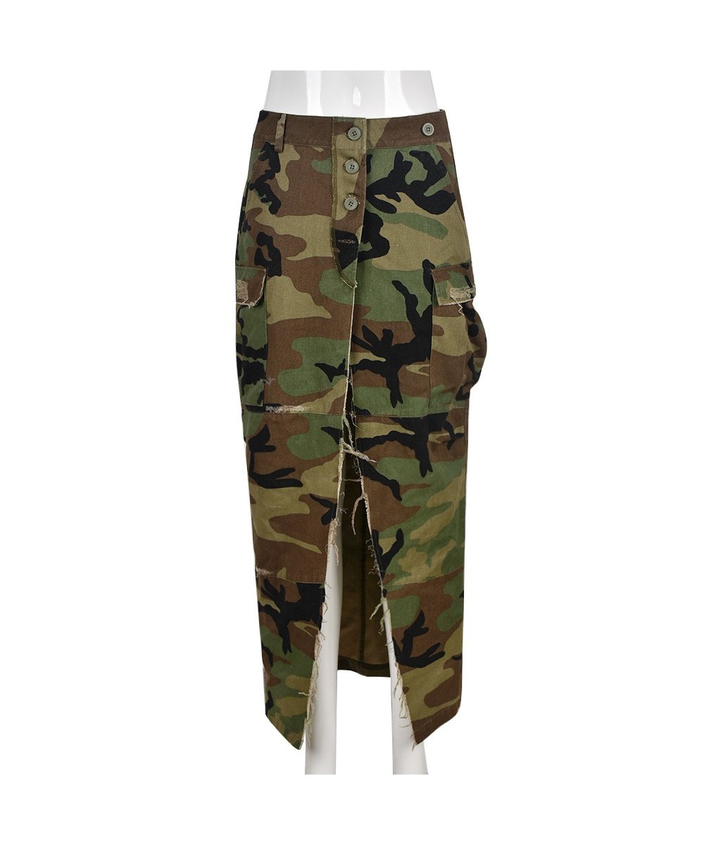 Ladies Fall Camo Button Waist Slim Pocket Split Half Skirt Street Fashion Joker Straight Half Skirt $54.14 - Skirts