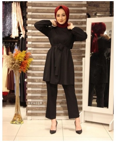 Women's Autumn Shirt Set Bow Tie Belt Muslim Set Long Sleeve Turkish Shirt Pants Abaya Solid 2PCS Oversized $41.38 - Muslim F...