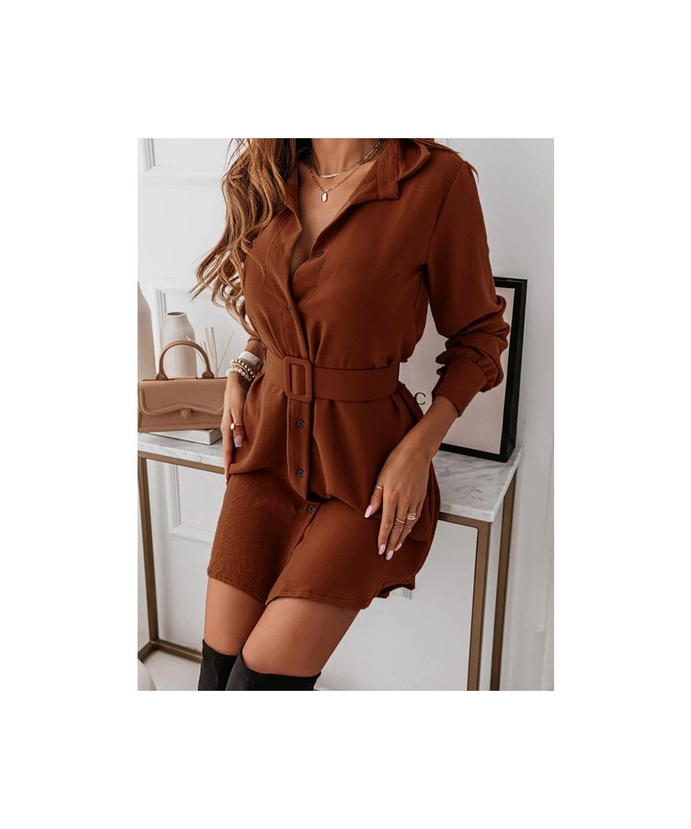 Female Clothing Solid Button Long Sleeve Belt Elegant Dresses for Women Harajuku Office Lady Midi Woman Clothes Tunics Dress ...