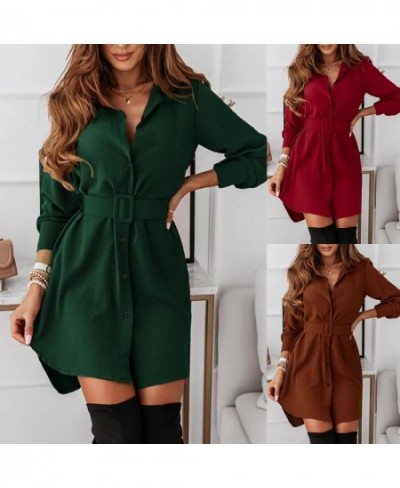 Female Clothing Solid Button Long Sleeve Belt Elegant Dresses for Women Harajuku Office Lady Midi Woman Clothes Tunics Dress ...