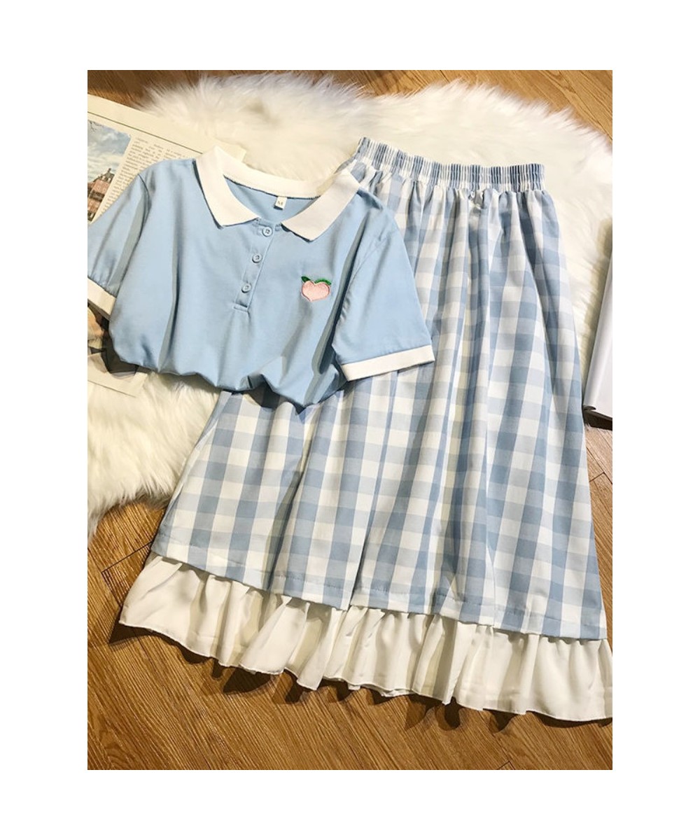 2022 Summer Suit for Women Preppy Korean Loose POIO Collar Short-sleeved Tshirt + High Waist Stitching Skirt Two-piece Set $3...