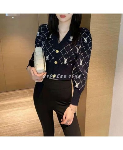 Spring New Women's Cartoon Rabbit Knitted Cardigan V-neck Sweater Cardigan Small Fragrance Style Short High Waisted Women $37...