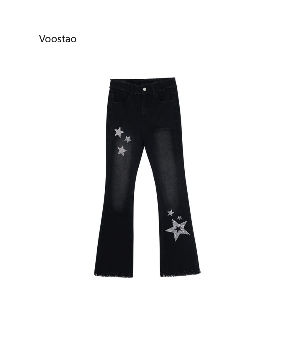 Gothic High Waist Jeans Women Y2k Aesthetic Denim Pants Rhinestones Star Patch Female Streetwear Sexy Punk Tassel Flare $42.4...