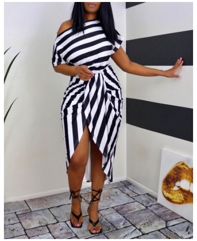 Elegant Summer Black Striped Print One Shoulder Short Sleeve High Slit Wrap Women's Party Midi Dress Casual Vintage Sexy Robe...