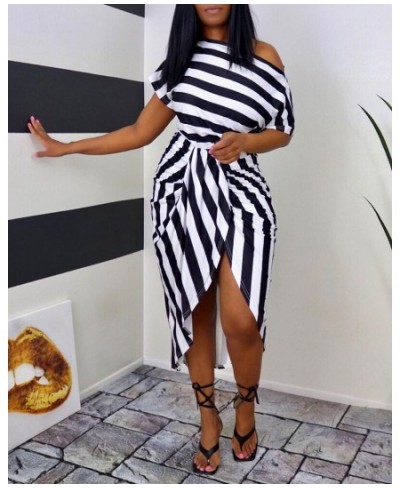 Elegant Summer Black Striped Print One Shoulder Short Sleeve High Slit Wrap Women's Party Midi Dress Casual Vintage Sexy Robe...