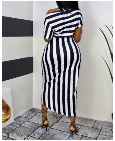 Elegant Summer Black Striped Print One Shoulder Short Sleeve High Slit Wrap Women's Party Midi Dress Casual Vintage Sexy Robe...