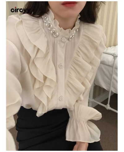 Blouse Women Shirts Ruffled Stand Collar Button Up Shirt French Vintage Chic Pearl Loose Long Sleeve Single Breasted Tops $53...