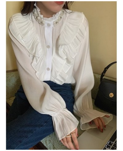 Blouse Women Shirts Ruffled Stand Collar Button Up Shirt French Vintage Chic Pearl Loose Long Sleeve Single Breasted Tops $53...