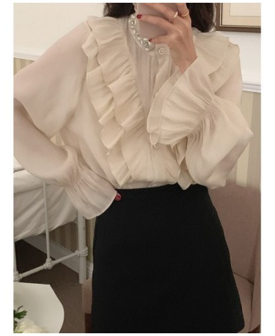 Blouse Women Shirts Ruffled Stand Collar Button Up Shirt French Vintage Chic Pearl Loose Long Sleeve Single Breasted Tops $53...