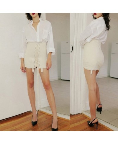 Women High Waist Cross Lace-Up Front Bodycon Mini Pencil Skirt with Garter Belt 649D $37.37 - Skirts