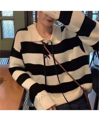 Long Sleeves Polo Shirts Women Knitted Pullover Stripe Loose Tops Colorblocking Leisure Streetwear Femme Lazy Style $36.59 - ...