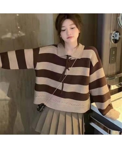 Long Sleeves Polo Shirts Women Knitted Pullover Stripe Loose Tops Colorblocking Leisure Streetwear Femme Lazy Style $36.59 - ...