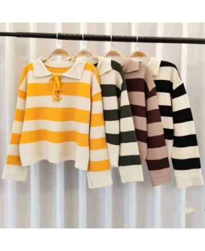 Long Sleeves Polo Shirts Women Knitted Pullover Stripe Loose Tops Colorblocking Leisure Streetwear Femme Lazy Style $36.59 - ...