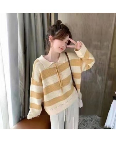 Long Sleeves Polo Shirts Women Knitted Pullover Stripe Loose Tops Colorblocking Leisure Streetwear Femme Lazy Style $36.59 - ...