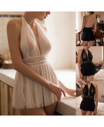 2022 Sexy Lace Gauze Sleeping Dress Temptation Mesh Hanging Neck Fairy Backless Tulle Perspective Nightdress $30.34 - Sleepwears