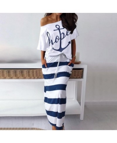 Women Striped Dress Summer Casual Slim Sexy Long Dresses 2 Pieces Female Off Shoulder Blouses Maxi Dress Vestidos de mujer Ro...