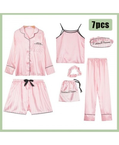 Pink Women's 7 Pieces Pajamas Sets Faux Silk Striped Pyjama Women Sleepwear Spring Summer Autumn Homewear Lounge Home Clothes...