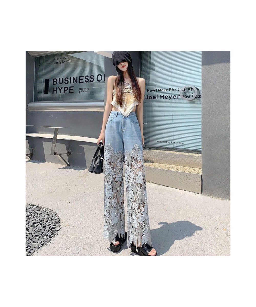 Woman High Street Button Loose Wide Leg Pants 2023 Spring And Summer Lace Stitching High Waist Hollow Out Straight Leg Pants ...