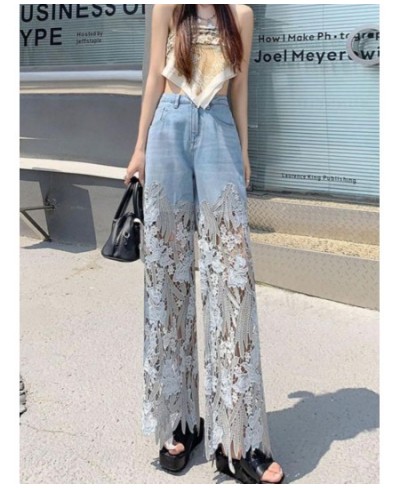 Woman High Street Button Loose Wide Leg Pants 2023 Spring And Summer Lace Stitching High Waist Hollow Out Straight Leg Pants ...