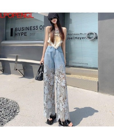 Woman High Street Button Loose Wide Leg Pants 2023 Spring And Summer Lace Stitching High Waist Hollow Out Straight Leg Pants ...