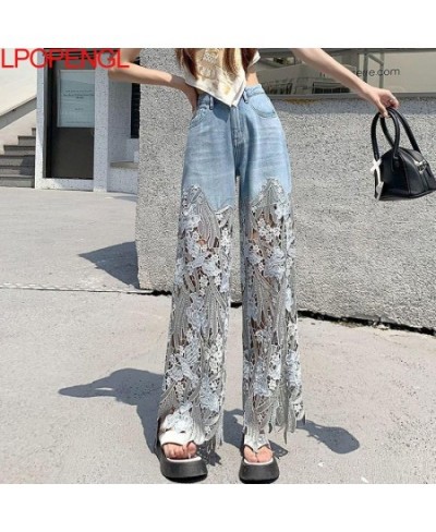 Woman High Street Button Loose Wide Leg Pants 2023 Spring And Summer Lace Stitching High Waist Hollow Out Straight Leg Pants ...