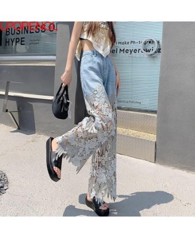 Woman High Street Button Loose Wide Leg Pants 2023 Spring And Summer Lace Stitching High Waist Hollow Out Straight Leg Pants ...