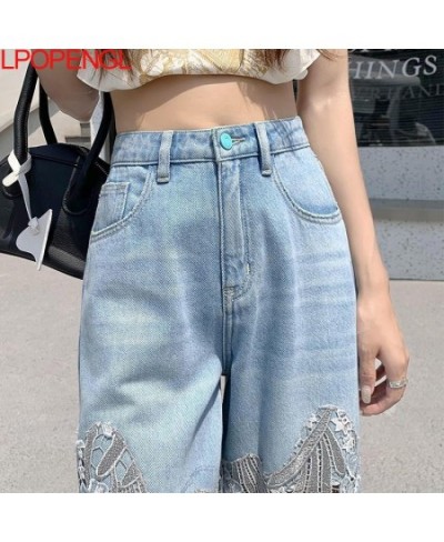 Woman High Street Button Loose Wide Leg Pants 2023 Spring And Summer Lace Stitching High Waist Hollow Out Straight Leg Pants ...