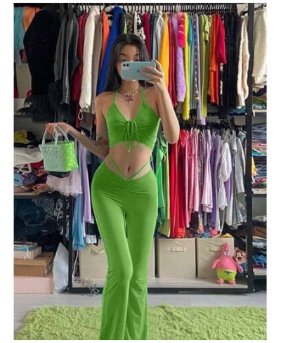 Streetwear Sexy Bandage Blue Co-ord Suits 2000s Fashion Drawstring Halter Top and High Waist Flare Pants 2 Piece Set $25.78 -...