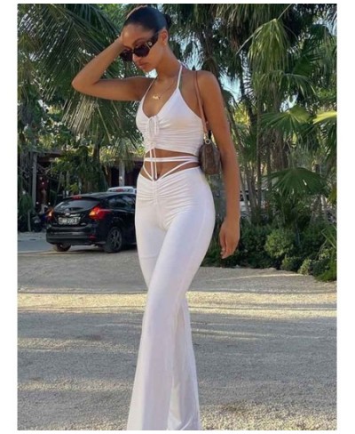 Streetwear Sexy Bandage Blue Co-ord Suits 2000s Fashion Drawstring Halter Top and High Waist Flare Pants 2 Piece Set $25.78 -...