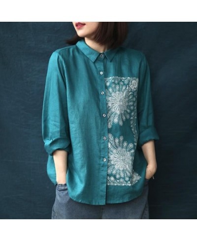 2023 New Spring Blouse Women Vintage Cotton Linen Printed Embroidery Button Shirt Long Sleeve Blouse Femme Women Blouses K114...