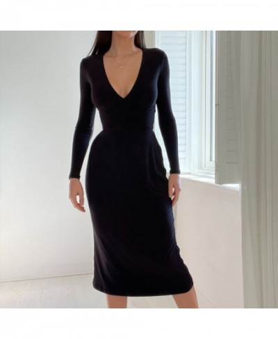 GLWomen Long Sleeve Deep V-neck Sashes High Waist Bodycon Midi Dress 2023 Fashion Party Club Evening Prom Black Dresses $53.8...