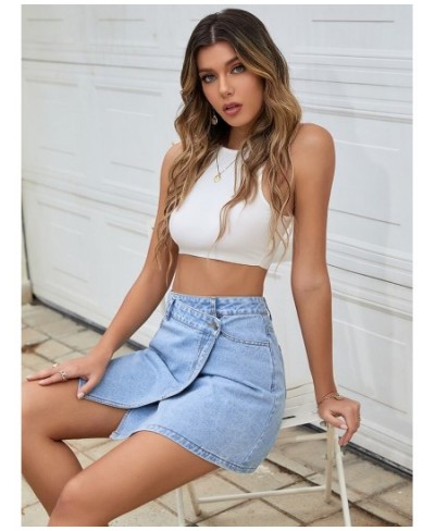 Summer Wrap Denim Mini Skirt Women Summer 2022 Korean Fashion High Waist Asymmetrical Cute Blue Short Jean Skirts Jeans $37.7...