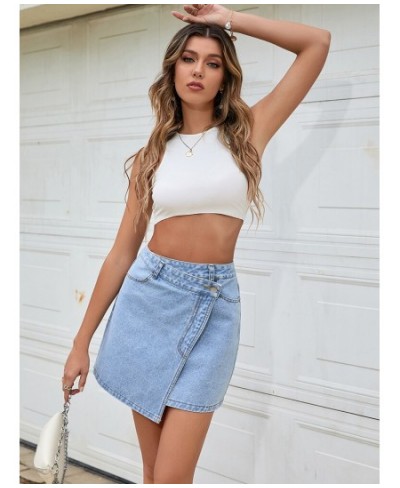 Summer Wrap Denim Mini Skirt Women Summer 2022 Korean Fashion High Waist Asymmetrical Cute Blue Short Jean Skirts Jeans $37.7...