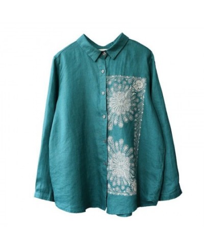 2023 New Spring Blouse Women Vintage Cotton Linen Printed Embroidery Button Shirt Long Sleeve Blouse Femme Women Blouses K114...