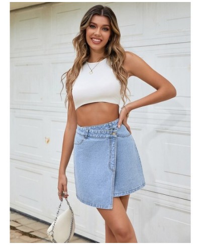 Summer Wrap Denim Mini Skirt Women Summer 2022 Korean Fashion High Waist Asymmetrical Cute Blue Short Jean Skirts Jeans $37.7...