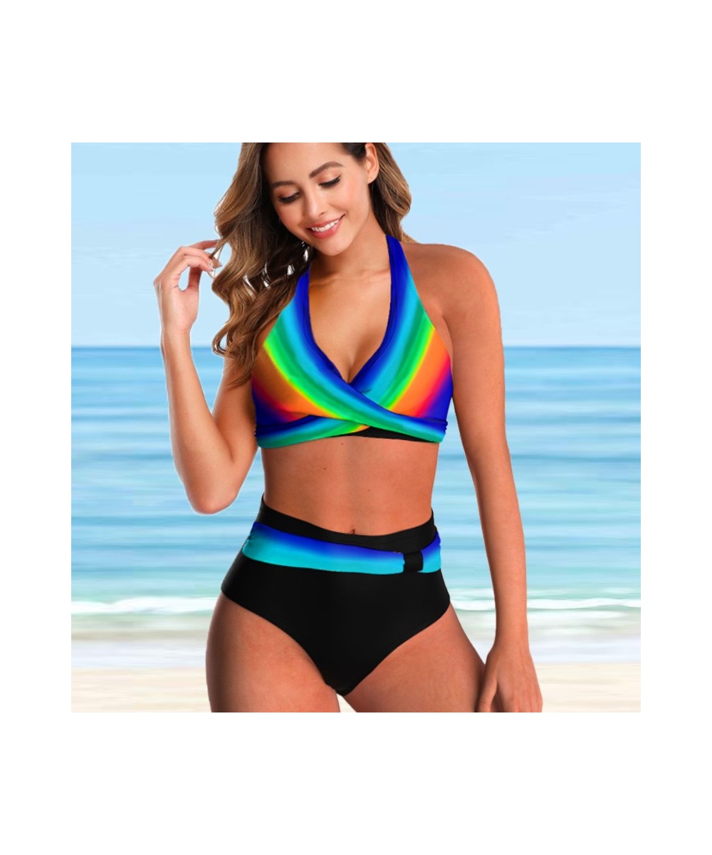 2022 New Women Sexy High Waist Rainbow Print Bikini Set Female Two Pieces Swimsuit Summer Fashion Loose Beach Swimwear $26.89...