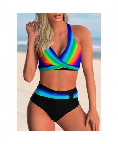 2022 New Women Sexy High Waist Rainbow Print Bikini Set Female Two Pieces Swimsuit Summer Fashion Loose Beach Swimwear $26.89...