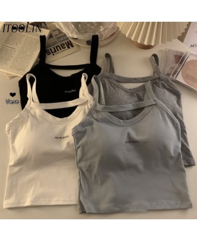 Cotton Hollow Out Fashion Letter Printing Women Tank Tops With Bra Pad Slim Knitting Tops Women Motion Short Camis $21.33 - T...