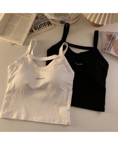 Cotton Hollow Out Fashion Letter Printing Women Tank Tops With Bra Pad Slim Knitting Tops Women Motion Short Camis $21.33 - T...