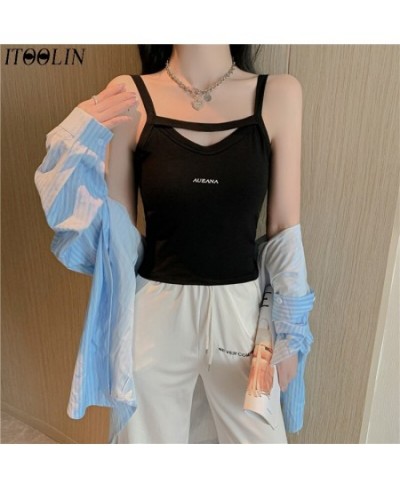 Cotton Hollow Out Fashion Letter Printing Women Tank Tops With Bra Pad Slim Knitting Tops Women Motion Short Camis $21.33 - T...