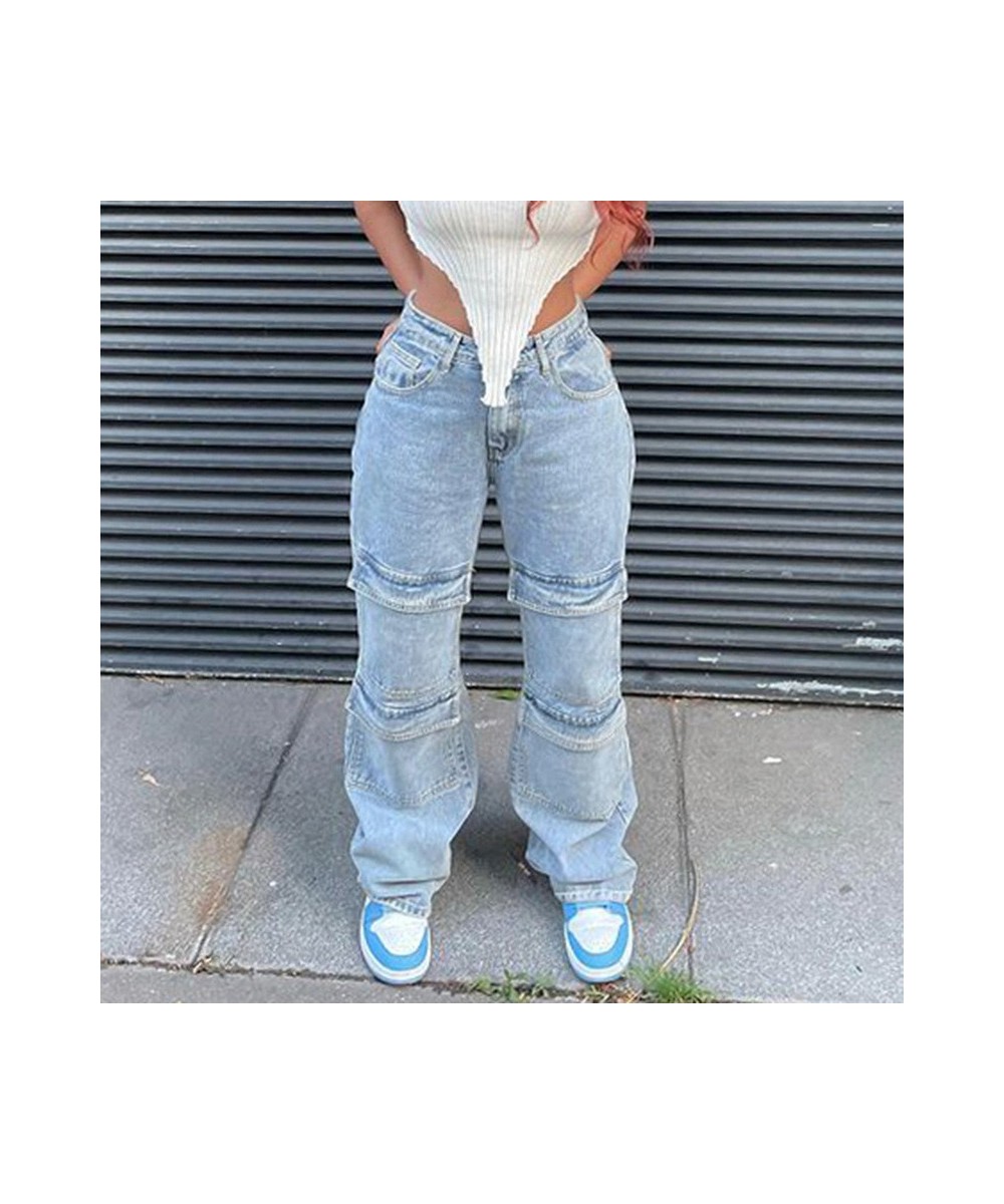 Street Y2K old washed multi-pocket straight jeans female American high street casual jeans ins loose wide-leg trousers female...