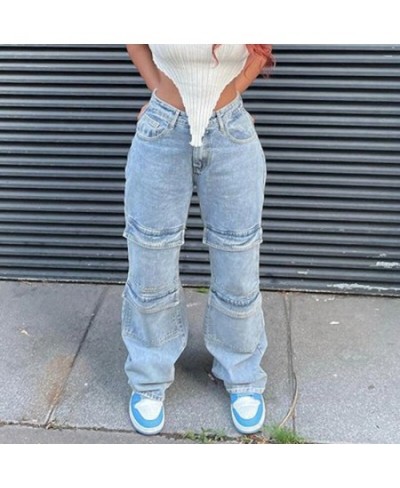 Street Y2K old washed multi-pocket straight jeans female American high street casual jeans ins loose wide-leg trousers female...