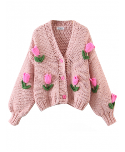 2022 Retro Hand Made Crochet 3D Flower Ball Cardigan Vintage Woman V neck Long sleeve Purple Knitting Sweater Knitwear Jumper...