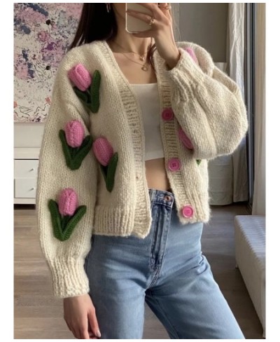 2022 Retro Hand Made Crochet 3D Flower Ball Cardigan Vintage Woman V neck Long sleeve Purple Knitting Sweater Knitwear Jumper...